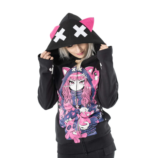 Schwarze Sweatshirtjacke KITTY MAYHEM HOOD mit großem pink-lilafarbendem Print und Katzenohren auf Kapuze von Cupcake Cult