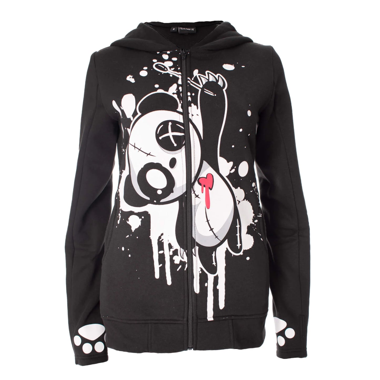 Schwarz-weiße Sweatshirtjacke KP HEARTBLEED PANDA HOOD mit Panda-Print und Ohren auf Kapuze von Killer Panda