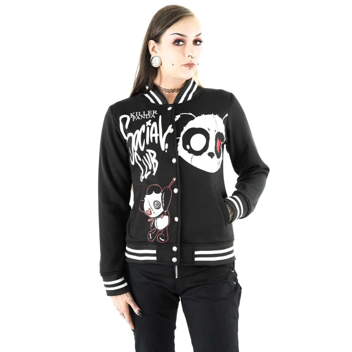 Schwarze Collegejacke KP SOCIAL CLUB VARSITY JACKET mit niedlichem Panda-Print von Killer Panda