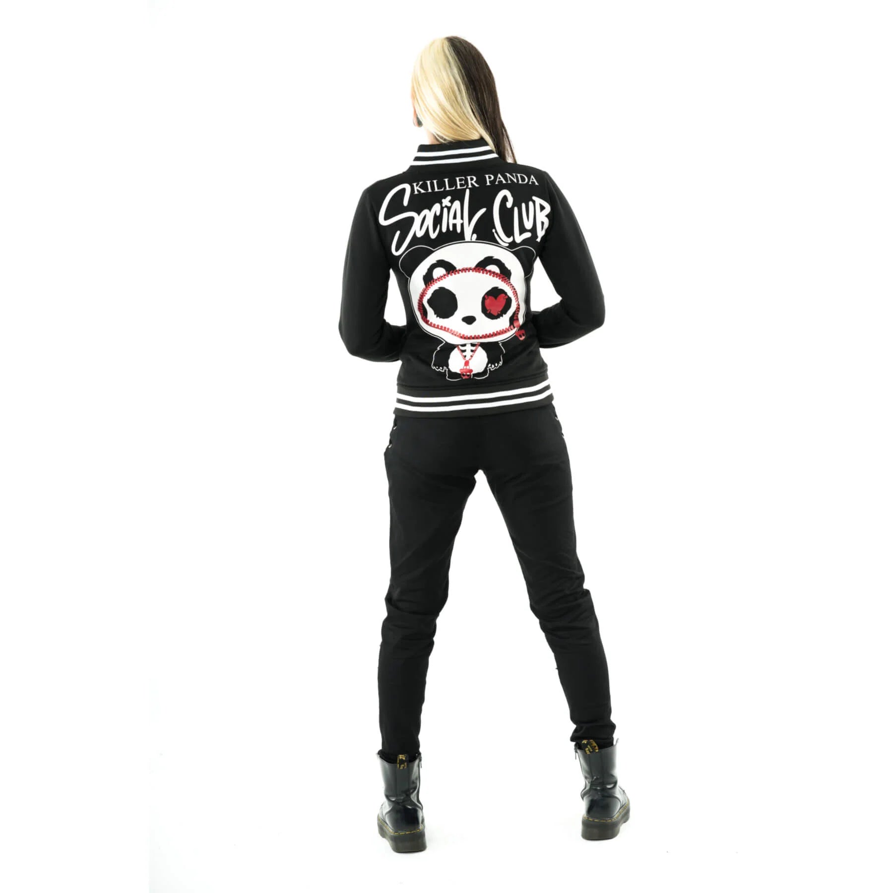 Rückseite schwarze Collegejacke KP SOCIAL CLUB VARSITY JACKET mit niedlichem Panda-Print von Killer Panda