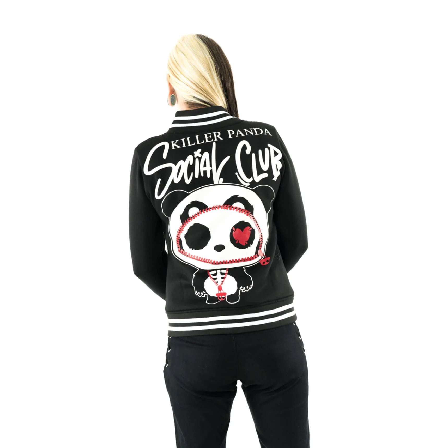 Rückseite schwarze Collegejacke KP SOCIAL CLUB VARSITY JACKET mit niedlichem Panda-Print von Killer Panda