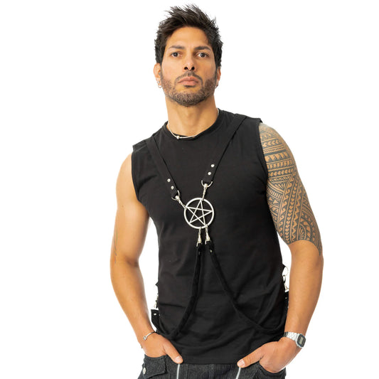 Schwarzes Oberteil LEGION VEST mit Riemen und großem Pentagrammanhänger von Heartless