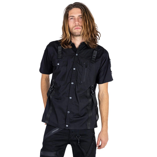 Schwarzes, kurzärmliges Hemd LEONIDAS SHIRT mit Riemen und Schnallen von Poizen Industries