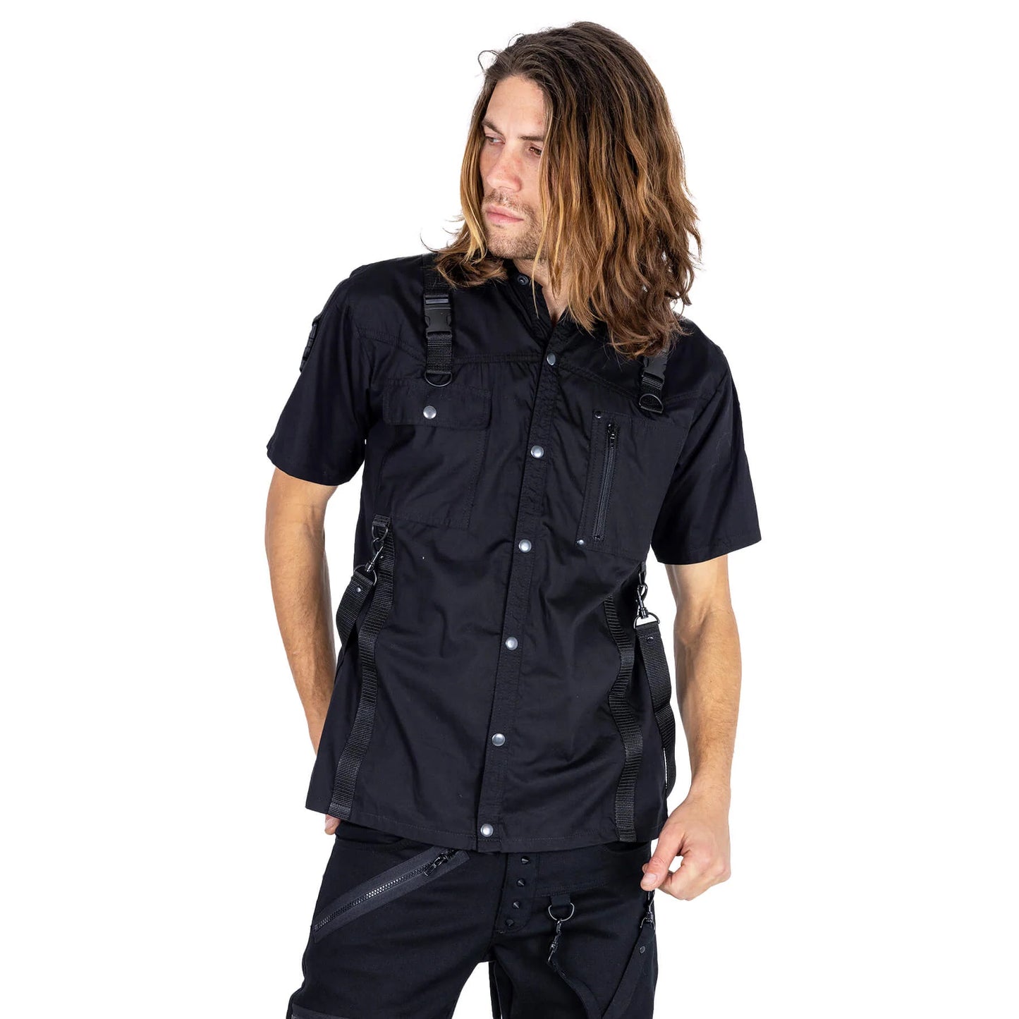 Schwarzes, kurzärmliges Hemd LEONIDAS SHIRT mit Riemen und Schnallen von Poizen Industries
