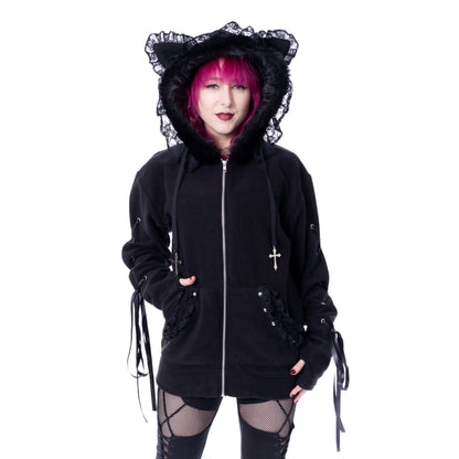 Schwarze Sweatshirtjacke LILITH KITTY OVERSIZED HOOD mit Spitzendetails und Katzohren an der Kapuze Heartles