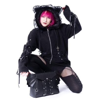 Schwarze Sweatshirtjacke LILITH KITTY OVERSIZED HOOD mit Spitzendetails und Katzohren an der Kapuze Heartles