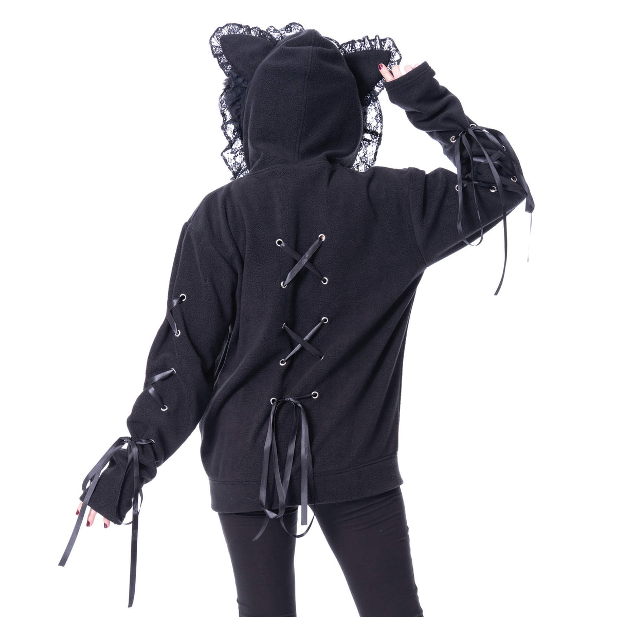Schwarze Sweatshirtjacke LILITH KITTY OVERSIZED HOOD mit Spitzendetails und Katzohren an der Kapuze Heartles