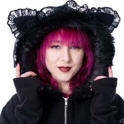 Schwarze Sweatshirtjacke LILITH KITTY OVERSIZED HOOD mit Spitzendetails und Katzohren an der Kapuze Heartles