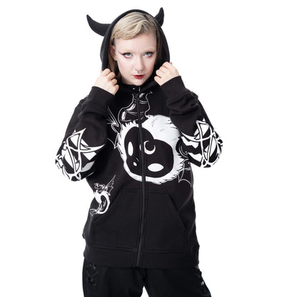 Schwarze Sweatshirtjacke LOST DEMON HOOD mit Allover-Print und Hörnern auf der Kapuze von Heartless