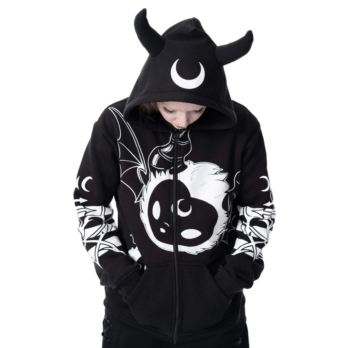 Schwarze Sweatshirtjacke LOST DEMON HOOD mit Allover-Print und Hörnern auf der Kapuze von Heartless