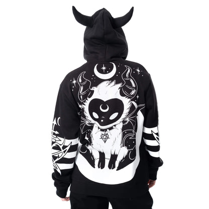 Schwarze Sweatshirtjacke LOST DEMON HOOD mit Allover-Print und Hörnern auf der Kapuze von Heartless