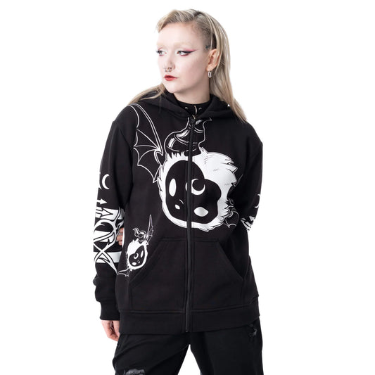 Schwarze Sweatshirtjacke LOST DEMON HOOD mit Allover-Print und Hörnern auf der Kapuze von Heartless