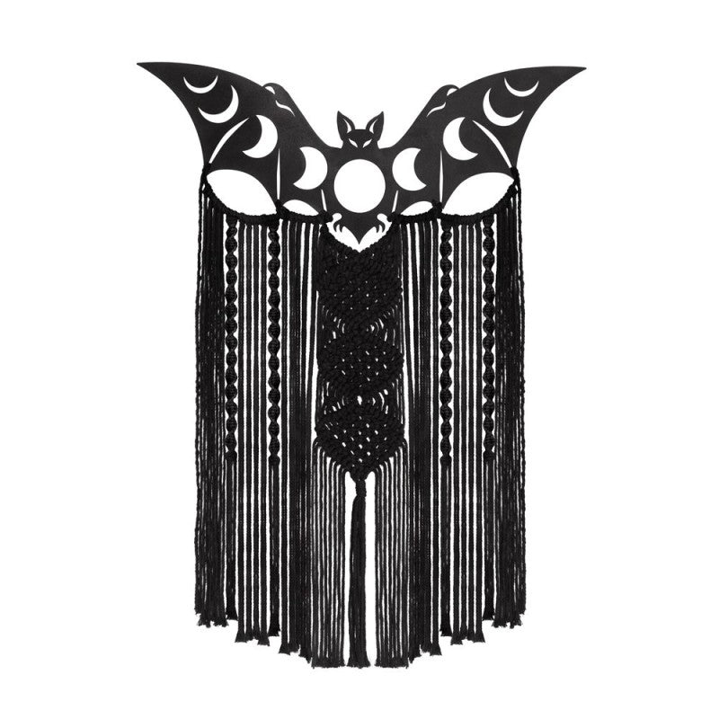 Handgefertigter Makramee-Wandbehang Lunaeca Hängedeko mit großer Fledermaus und Mondphasen von Alchemy
