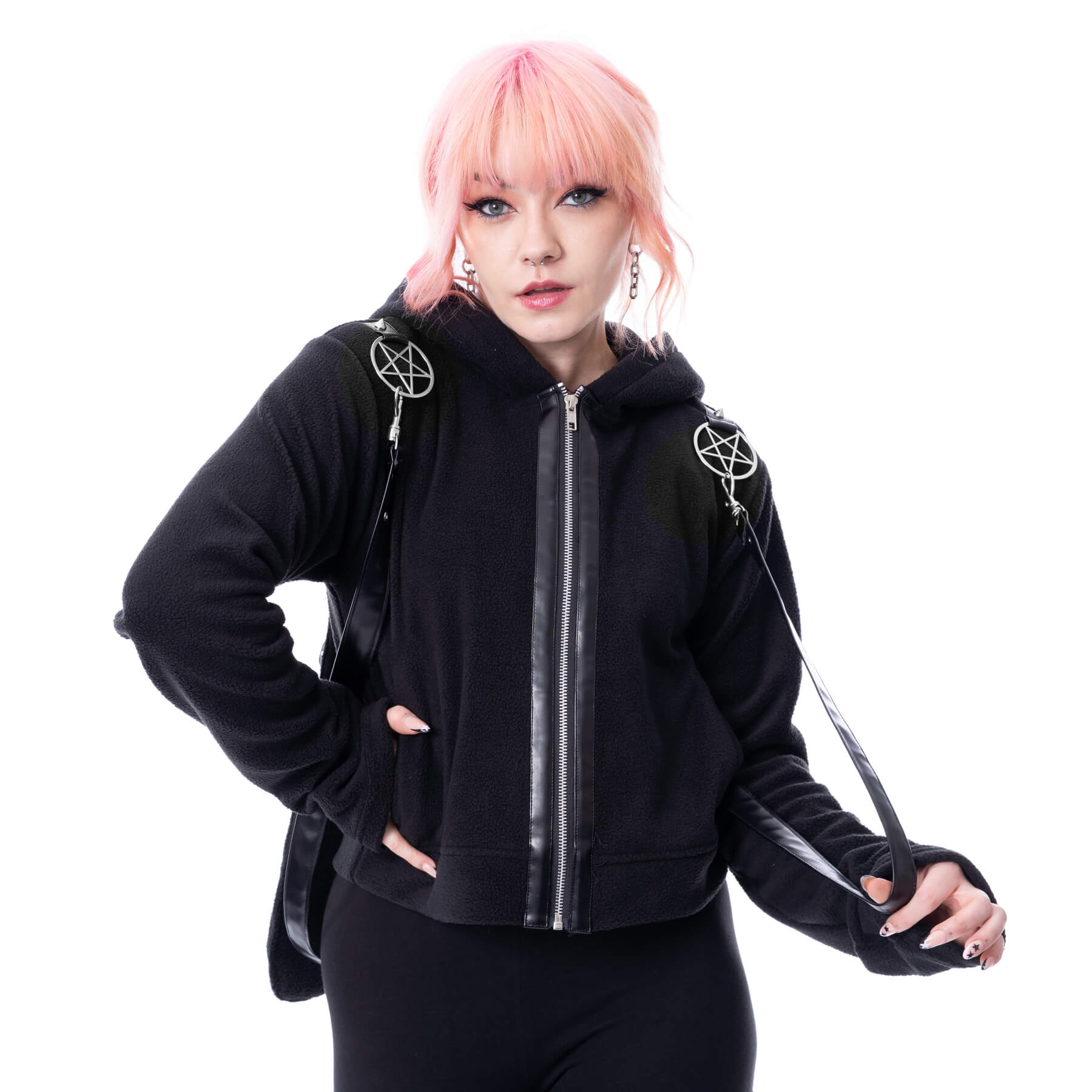 Schwarze Sweatshirtjacke LUNAIRE CROOPED HOOD mit langen Hasenohren an der Kapuze und Zierriemen von Heartless