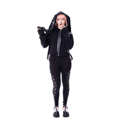 Schwarze Sweatshirtjacke LUNAIRE CROOPED HOOD mit langen Hasenohren an der Kapuze und Zierriemen von Heartless