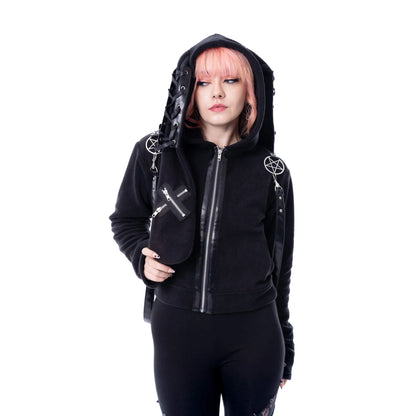 Schwarze Sweatshirtjacke LUNAIRE CROOPED HOOD mit langen Hasenohren an der Kapuze und Zierriemen von Heartless
