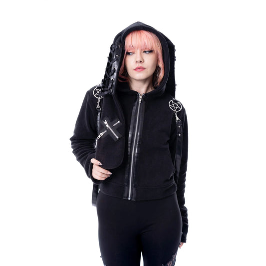 Schwarze Sweatshirtjacke LUNAIRE CROOPED HOOD mit langen Hasenohren an der Kapuze und Zierriemen von Heartless