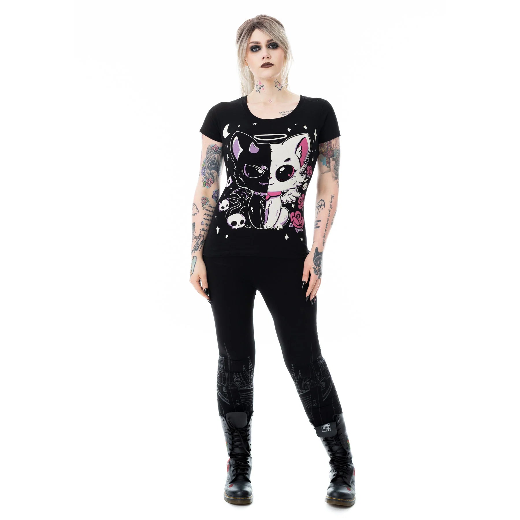 Schwarzes Oberteil LVD KITTY T-SHIRT mit niedlichem Katzenprint von Cupcake Cult