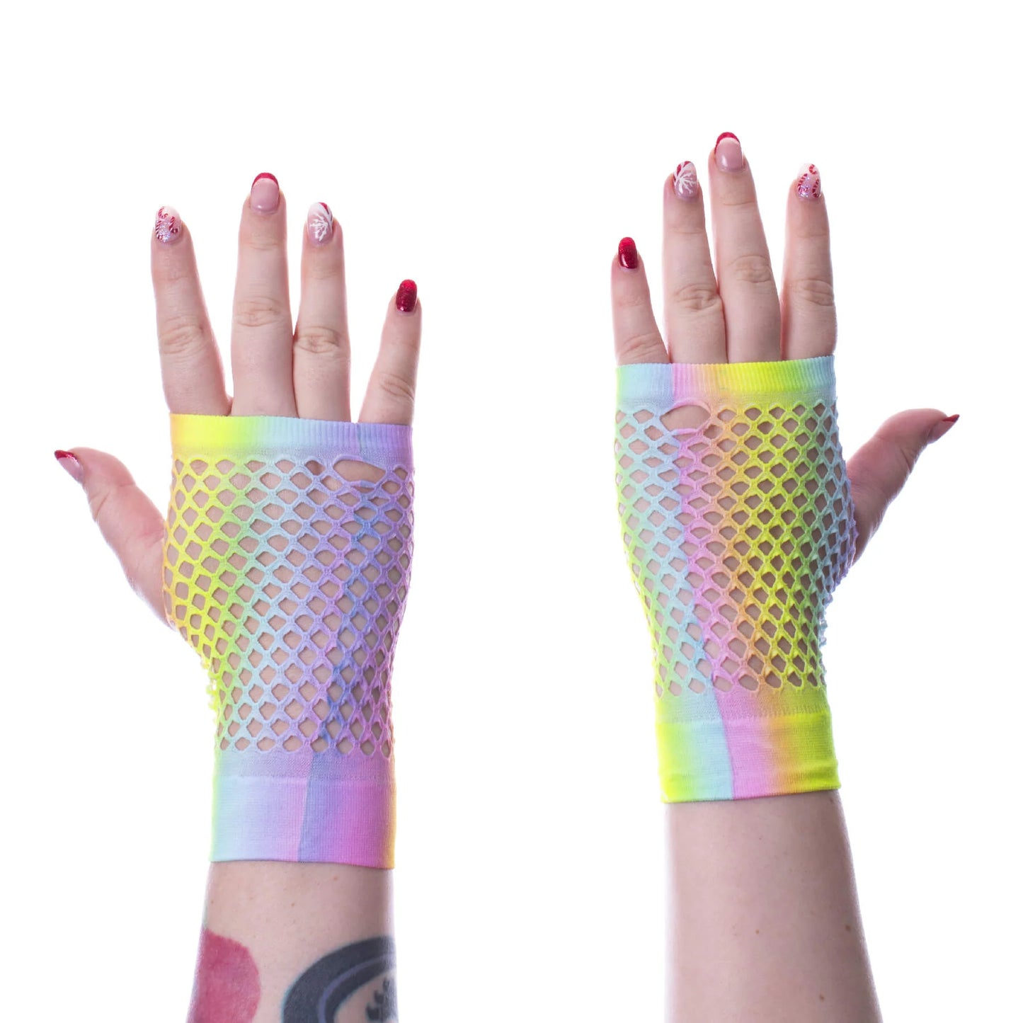 Bunte, kurze LYRA MESH GLOVES Poizen Industries im Regenbogen-Fischnetzdesign von Poizen Industries