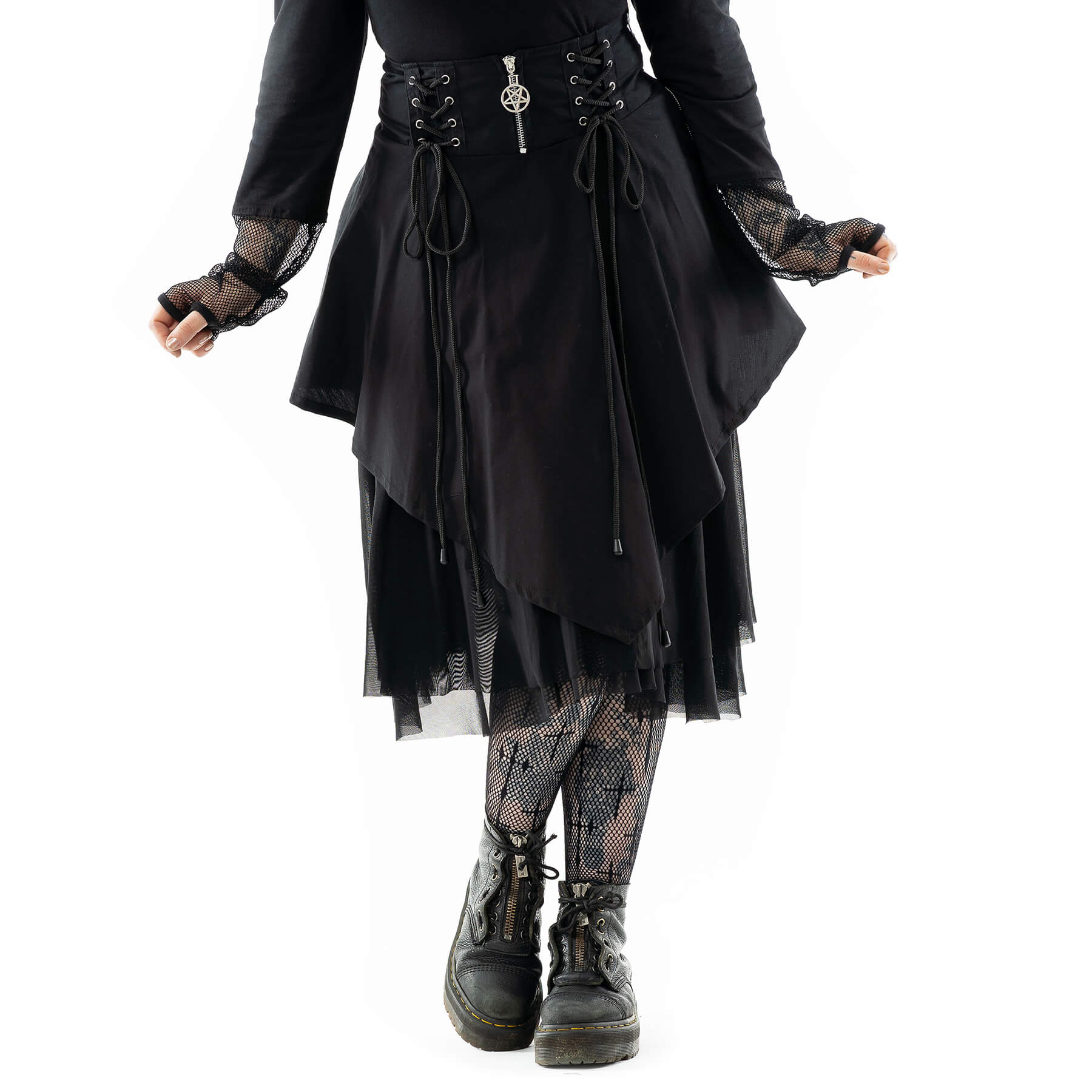 Schwarzer, knielanger Rock MALI SKIRT mit Zierschnürungen, Tüllschicht und Pentagramanhänger von Heartless