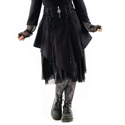 Schwarzer, knielanger Rock MALI SKIRT mit Zierschnürungen, Tüllschicht und Pentagramanhänger von Heartless
