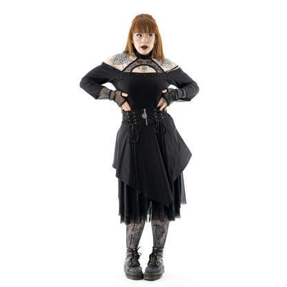 Schwarzer, knielanger Rock MALI SKIRT mit Zierschnürungen, Tüllschicht und Pentagramanhänger von Heartless