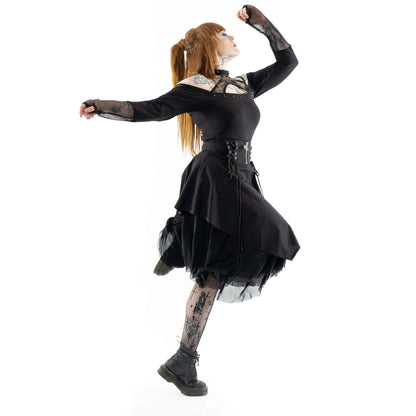 Schwarzer, knielanger Rock MALI SKIRT mit Zierschnürungen, Tüllschicht und Pentagramanhänger von Heartless