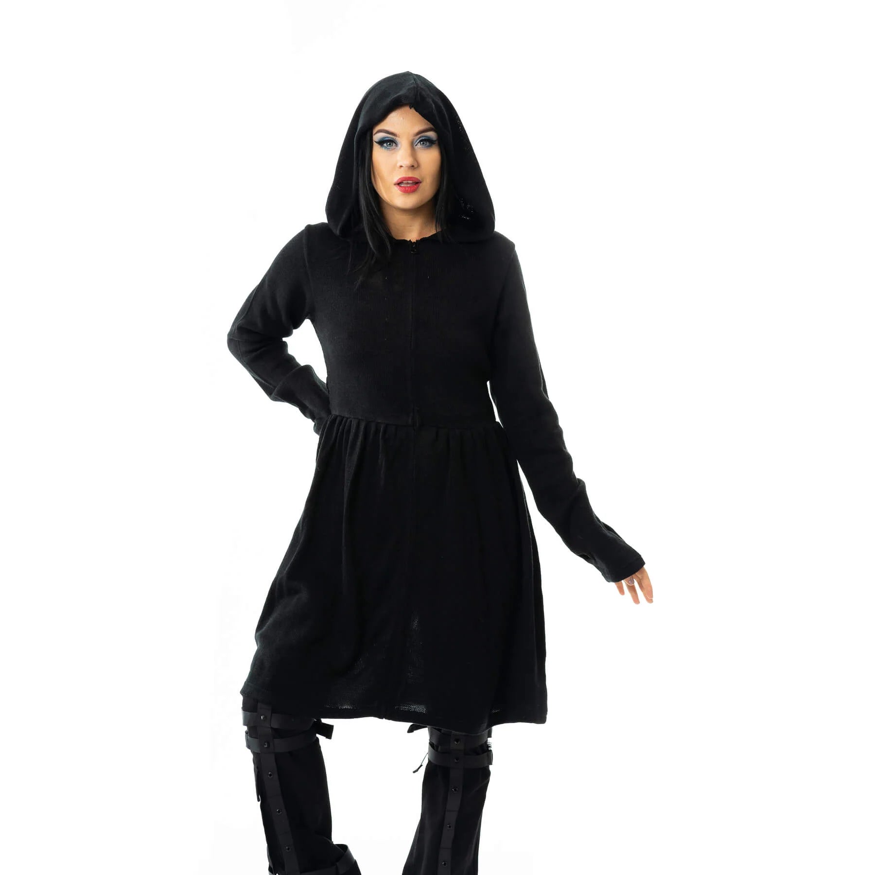 Schwarze, lange Jacke MARIPOSA CARDIGAN mit Kapuze und Schmetterlingsflügel Applikation&nbsp;am Rücken von Vixxsin