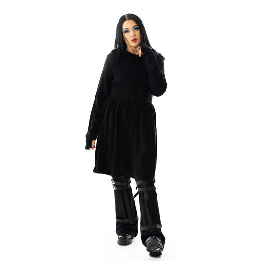 Schwarze, lange Jacke MARIPOSA CARDIGAN mit Kapuze und Schmetterlingsflügel Applikation&nbsp;am Rücken von Vixxsin