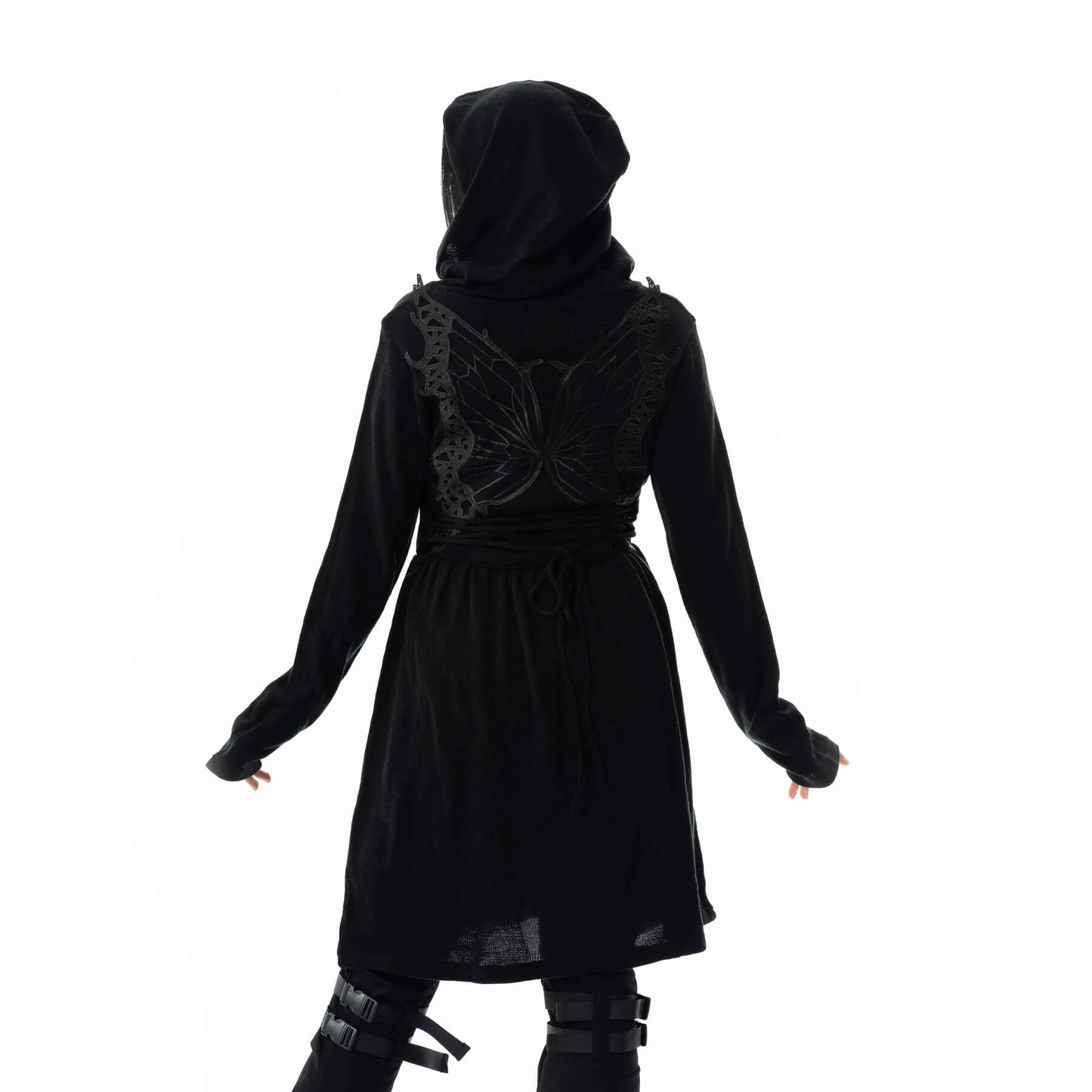 Schwarze, lange Jacke MARIPOSA CARDIGAN mit Kapuze und Schmetterlingsflügel Applikation&nbsp;am Rücken von Vixxsin