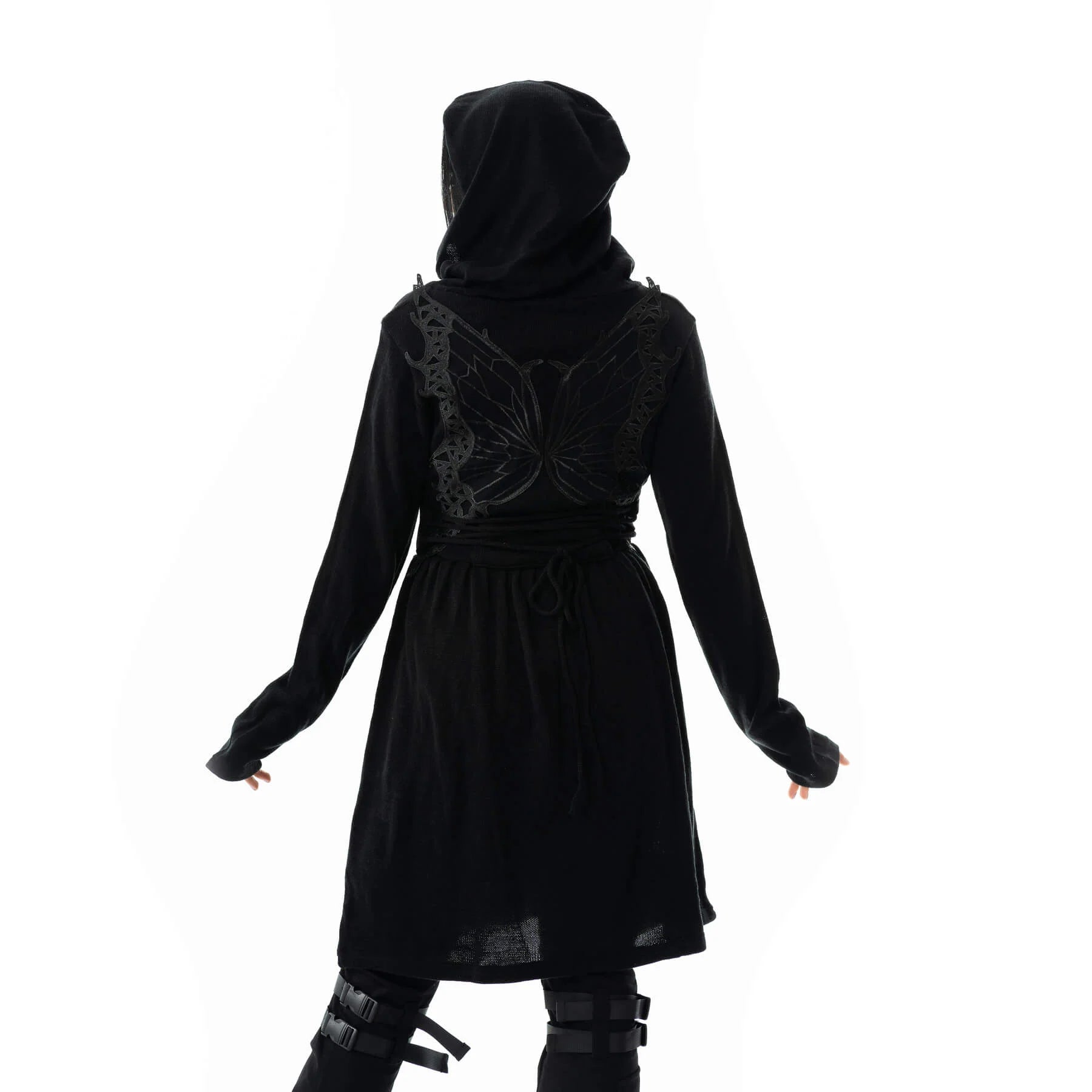 Schwarze, lange Jacke MARIPOSA CARDIGAN mit Kapuze und Schmetterlingsflügel Applikation&nbsp;am Rücken von Vixxsin