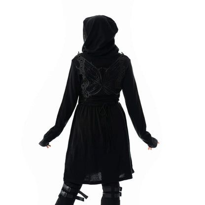 Schwarze, lange Jacke MARIPOSA CARDIGAN mit Kapuze und Schmetterlingsflügel Applikation&nbsp;am Rücken von Vixxsin