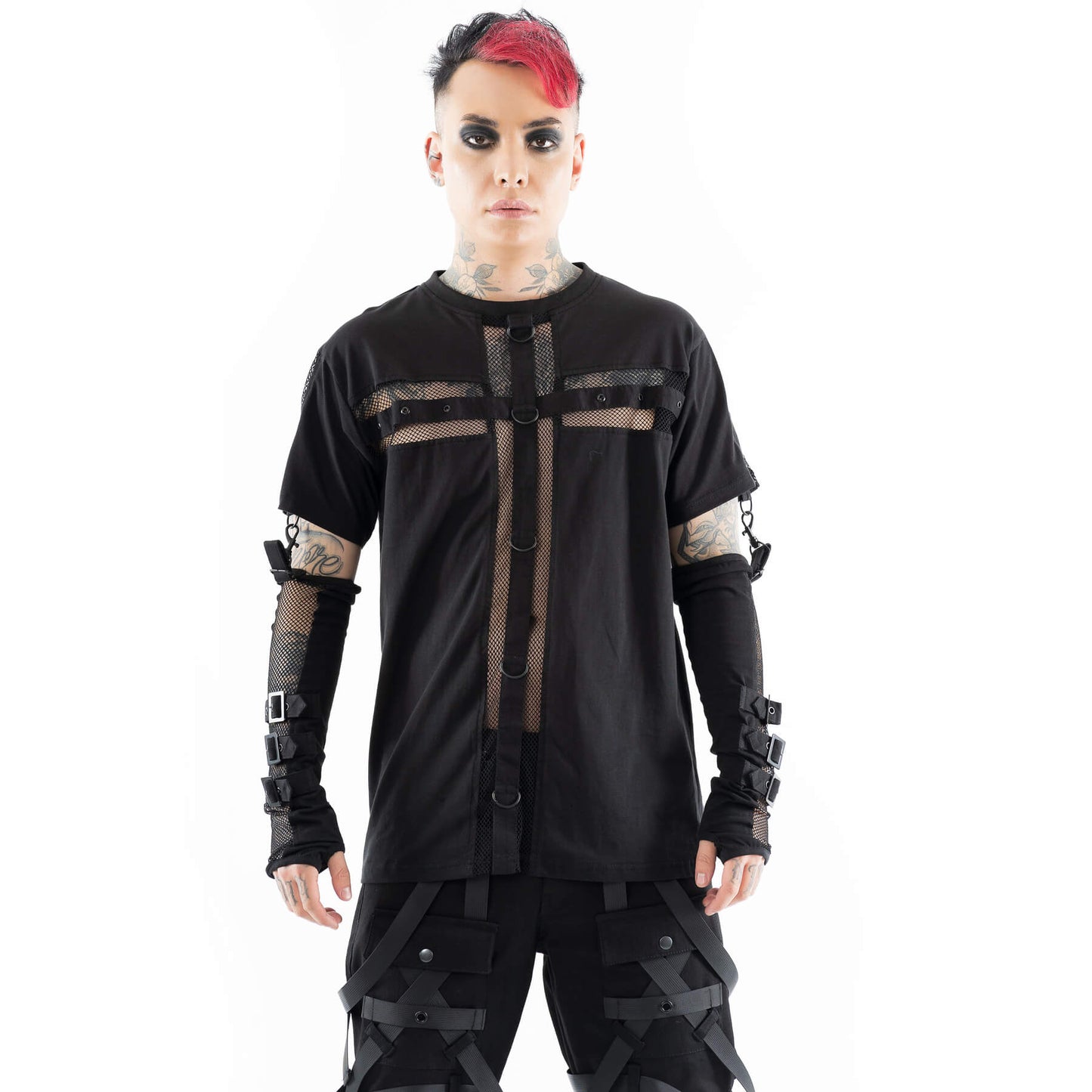 Schwarzes Oberteil MICAH TOP mit großem Netz-Kreuz und abnehmbaren Netzärmeln von Heartless