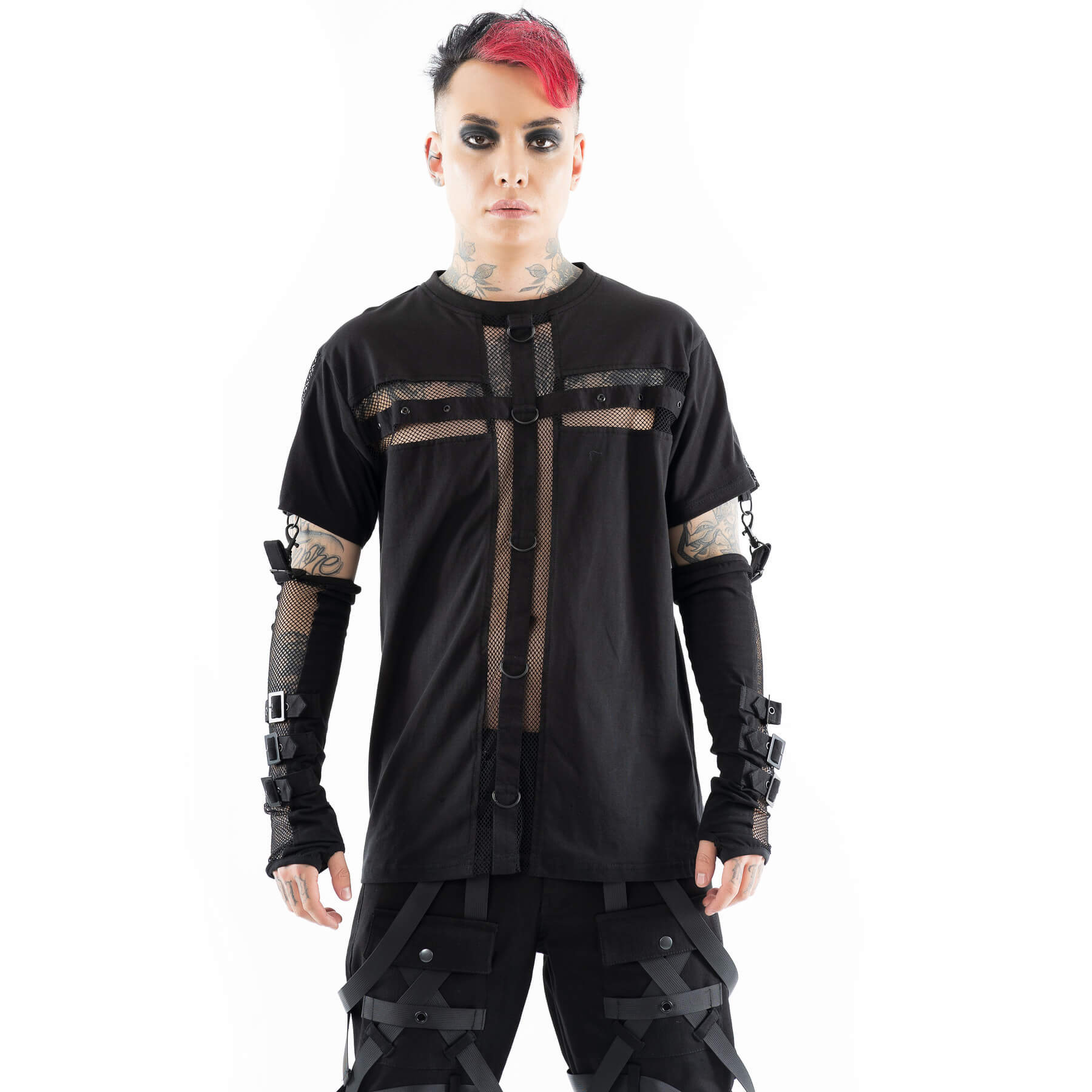 Schwarzes Oberteil MICAH TOP mit großem Netz-Kreuz und abnehmbaren Netzärmeln von Heartless