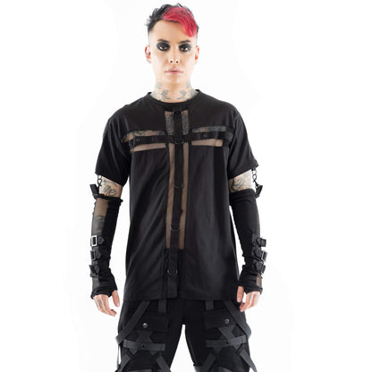 Schwarzes Oberteil MICAH TOP mit großem Netz-Kreuz und abnehmbaren Netzärmeln von Heartless