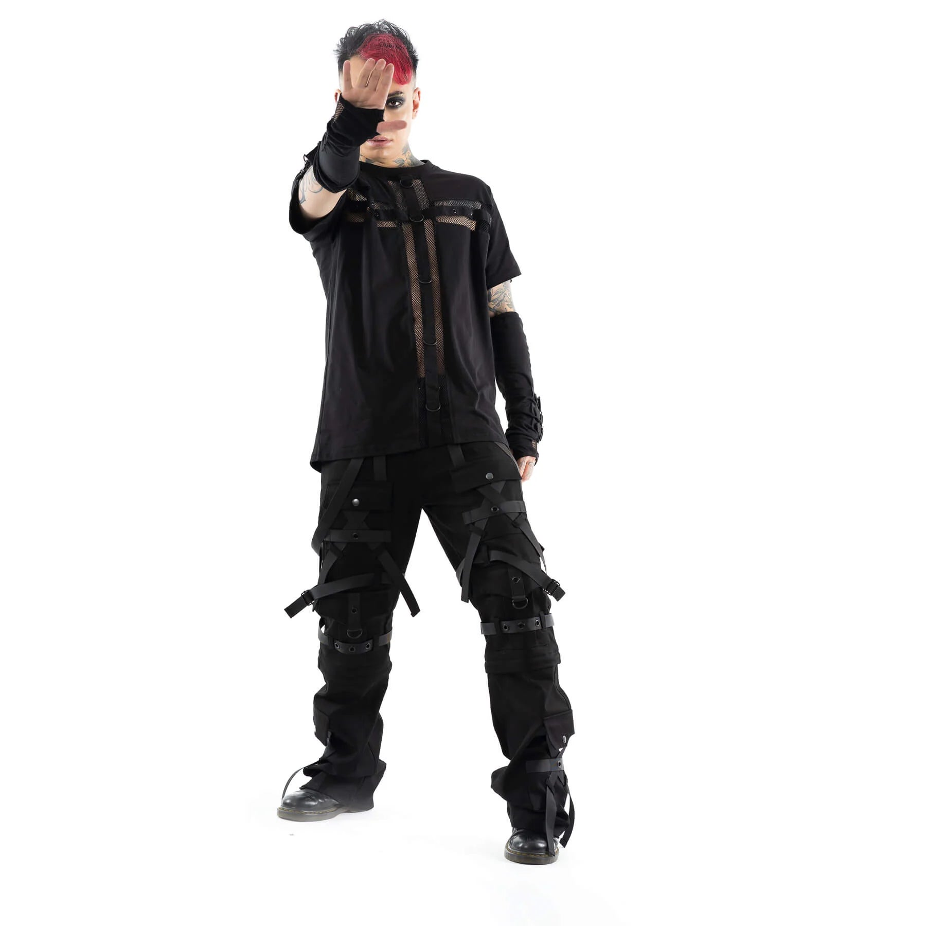 Schwarzes Oberteil MICAH TOP mit großem Netz-Kreuz und abnehmbaren Netzärmeln von Heartless