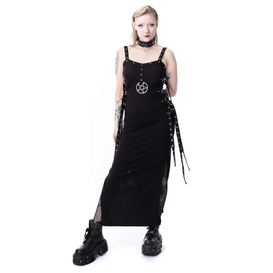 Schwarzes, langes Kleid MIDNIGHT LAMENT MAXI DRESS mit Nieten, Ösen und großem Pentagramm-Anhänger von Heartless