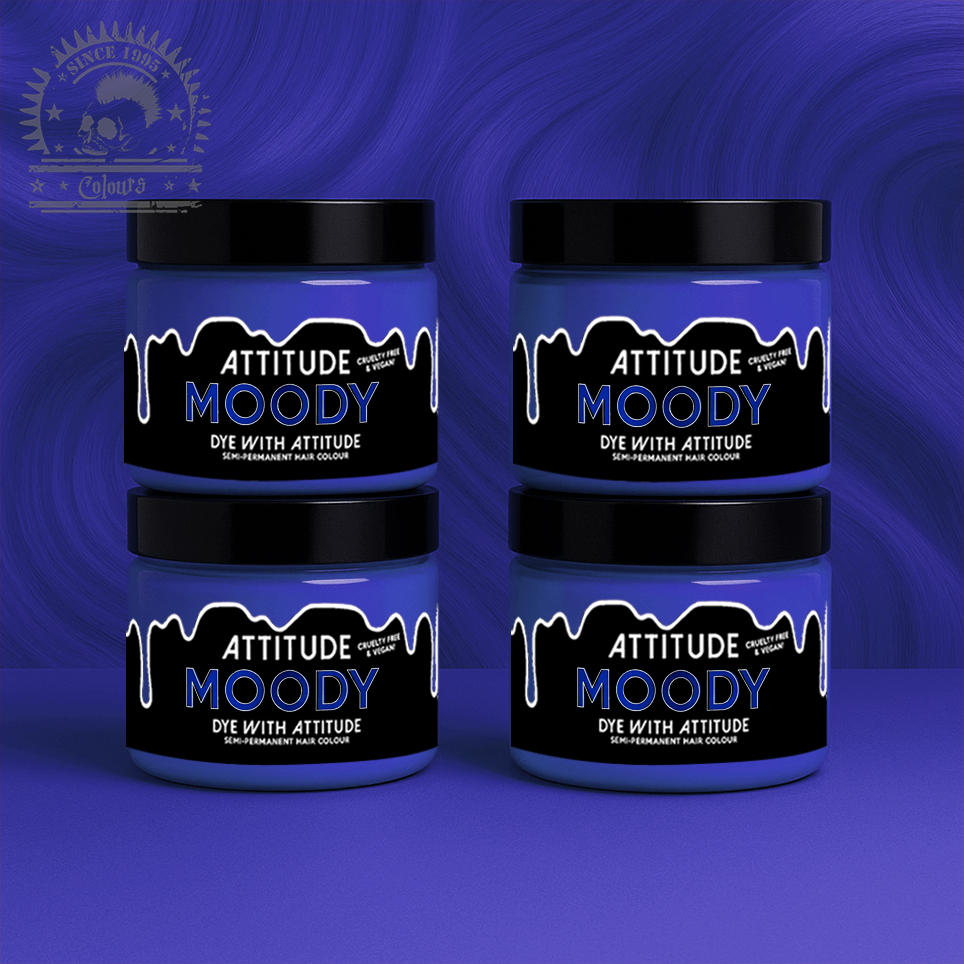 Vier semi-permanente Haartönungen 4er-Sparset MOODY DARK BLUE in dem Farbton Blau von Attitude