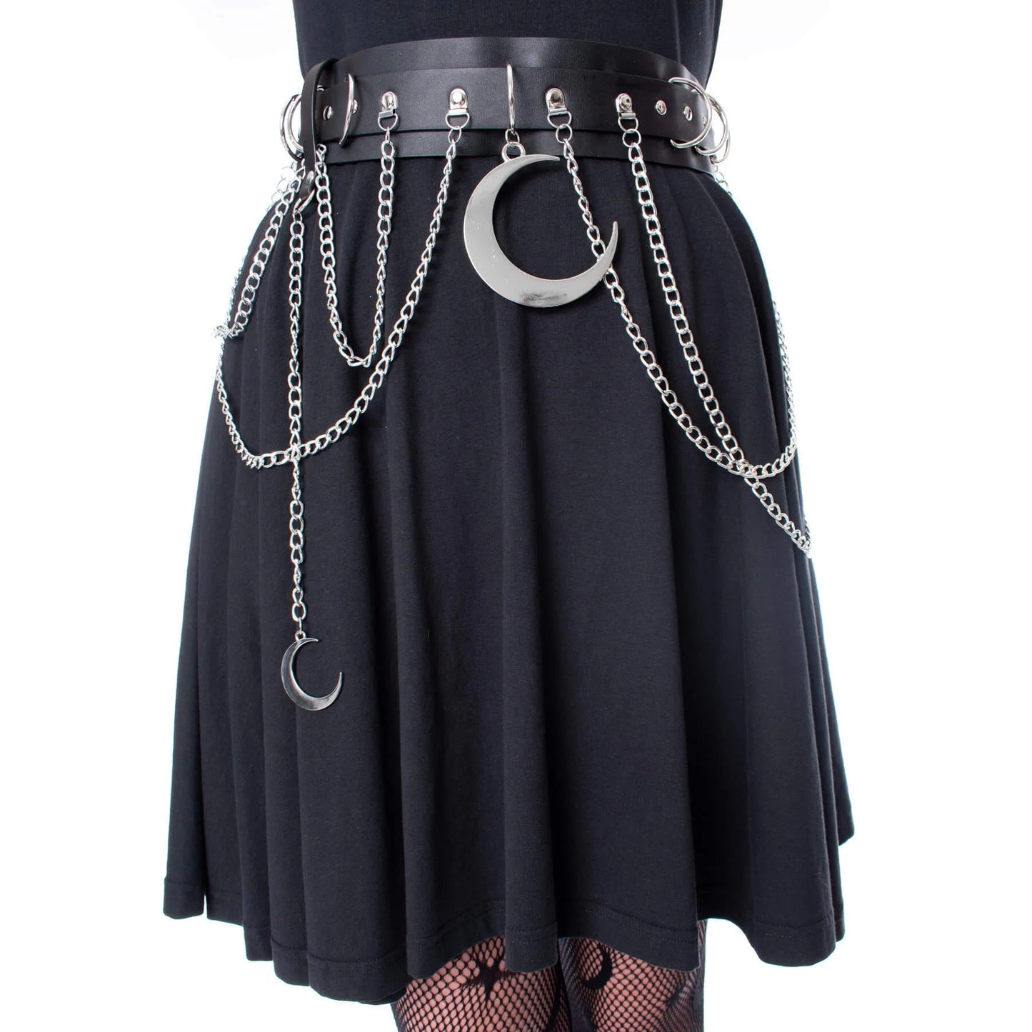 Schwarzer Gürtel MOONDUSK BELT mit Ketten und Mondanhängern von Heartless