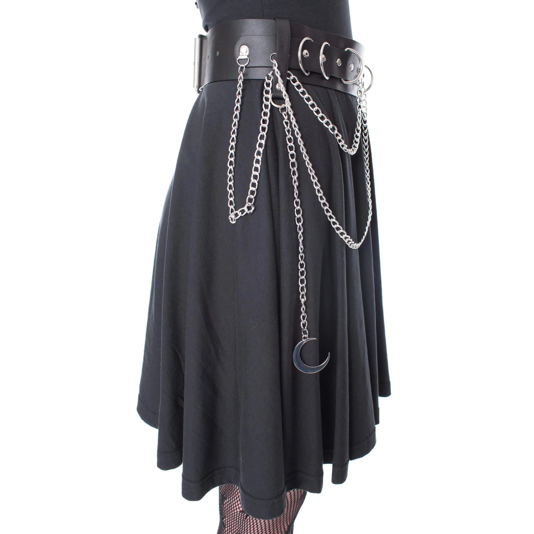 Schwarzer Gürtel MOONDUSK BELT mit Ketten und Mondanhängern von Heartless