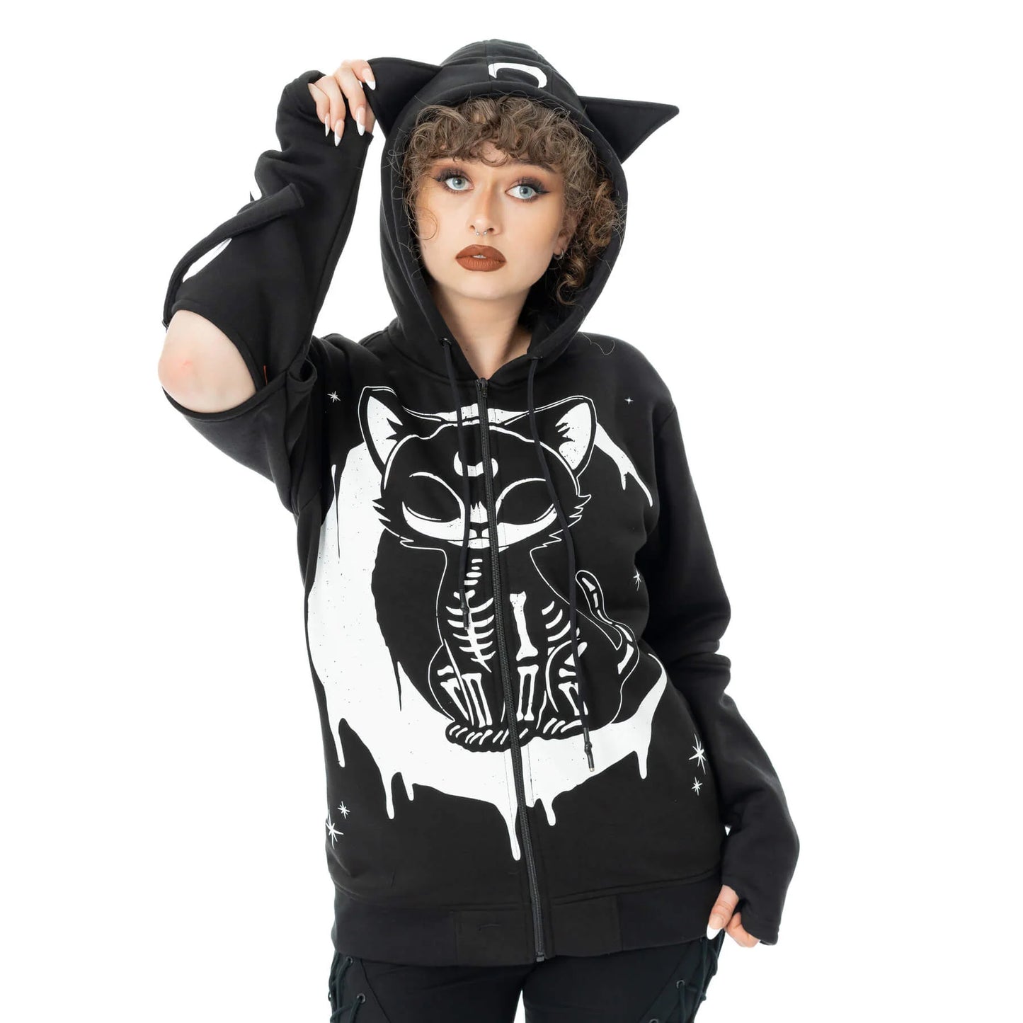 Schwarze Sweatshirtjacke MOONLIGHT HOOD mit Katzenprint und Schnürungen von Heartless