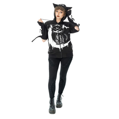 Schwarze Sweatshirtjacke MOONLIGHT HOOD mit Katzenprint und Schnürungen von Heartless