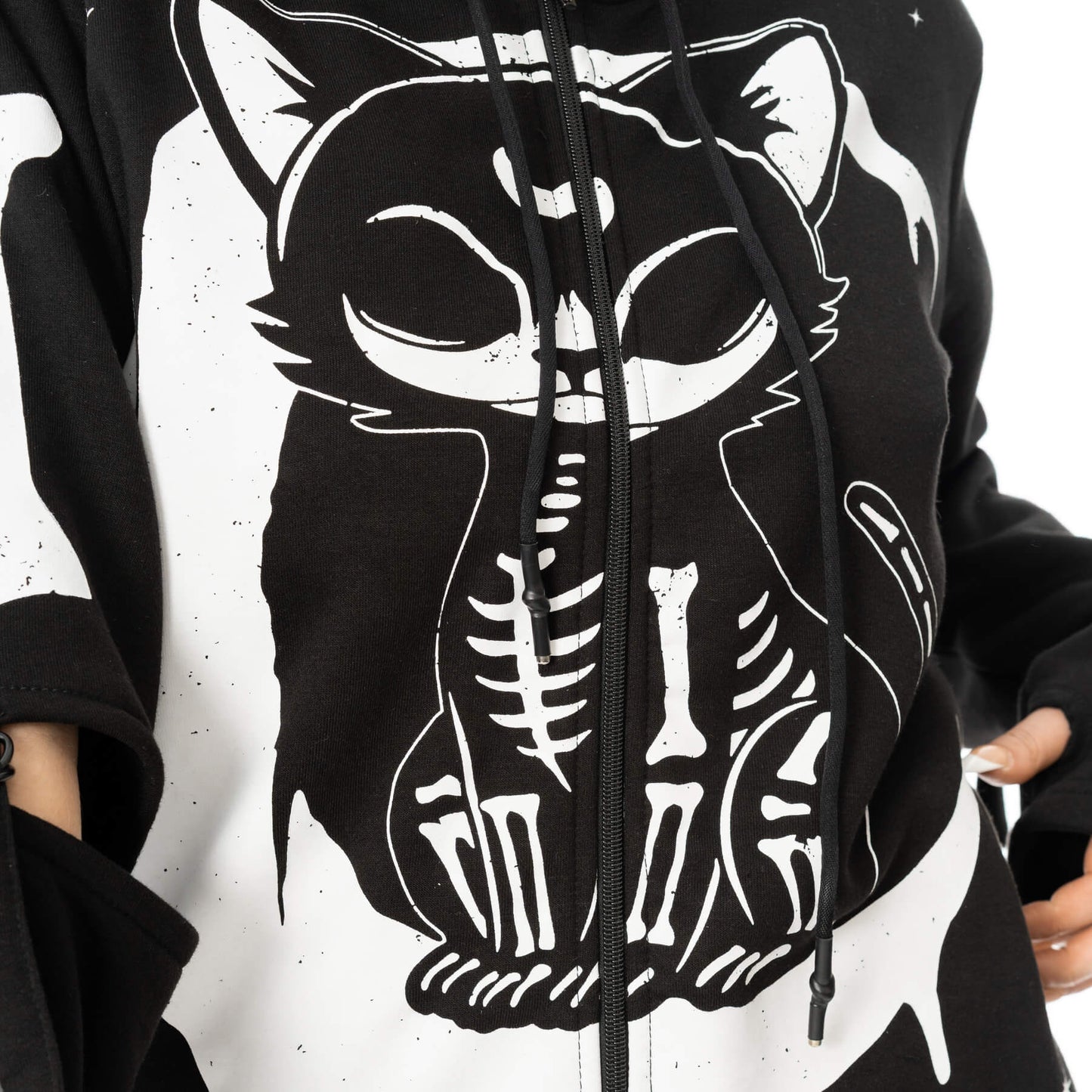 Schwarze Sweatshirtjacke MOONLIGHT HOOD mit Katzenprint und Schnürungen von Heartless