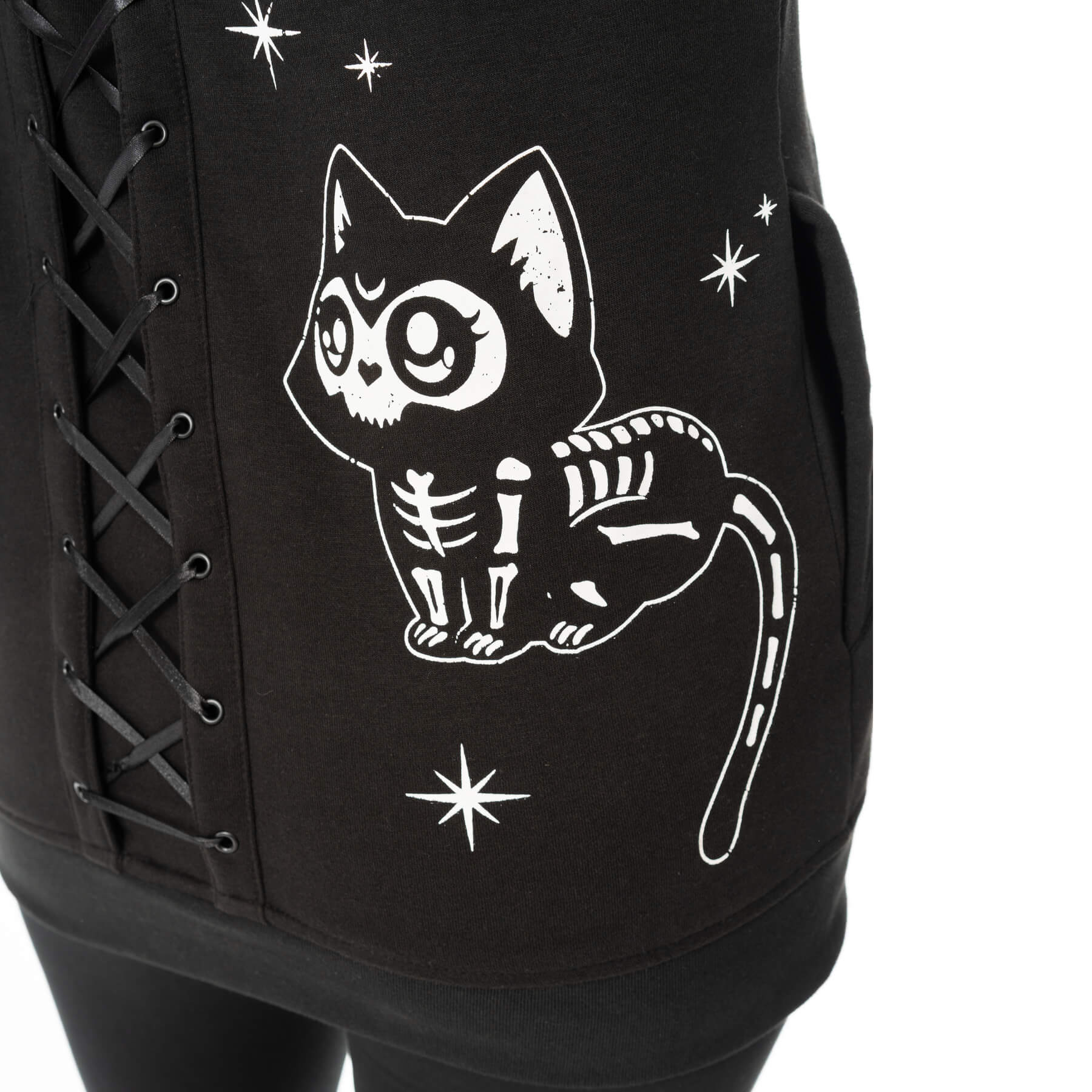 Schwarze Sweatshirtjacke MOONLIGHT HOOD mit Katzenprint und Schnürungen von Heartless