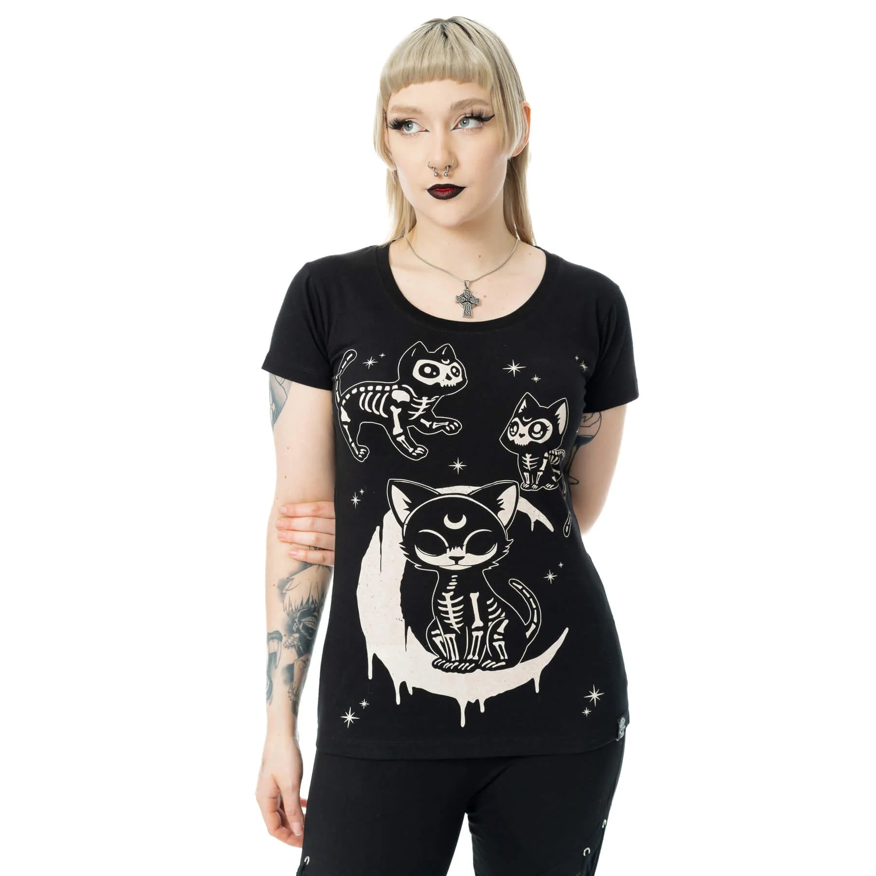 Schwarz-weißes Oberteil MOONLIGHT T SHIRT mit Katzenprint von Cupcake Cult