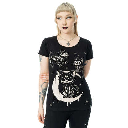 Schwarz-weißes Oberteil MOONLIGHT T SHIRT mit Katzenprint von Cupcake Cult