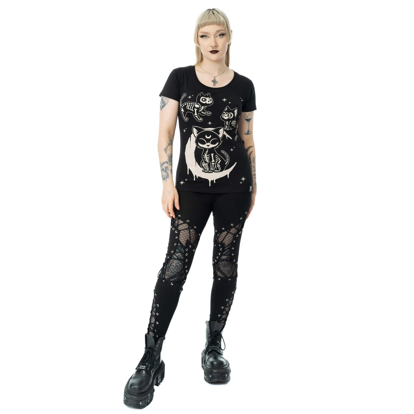 Schwarz-weißes Oberteil MOONLIGHT T SHIRT mit Katzenprint von Cupcake Cult