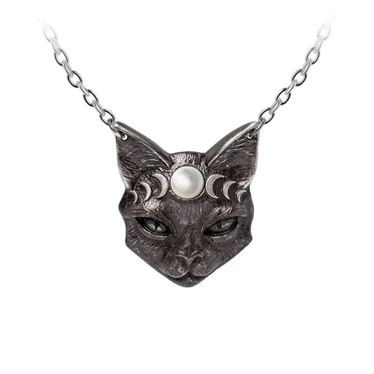 Mystic Moon Cat Kette Alchemy - ein detailreicher schwarzer Katzenkopfanhänger mit einem Perlmutt Mond in die Stirn eingearbeitet und hervorgehobenen Mondphasen