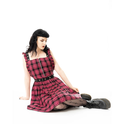 Pinkes Kleid NEFELI PINAFORE mit Tartanmuster und großem Rückenausschnitt von Chemical Black