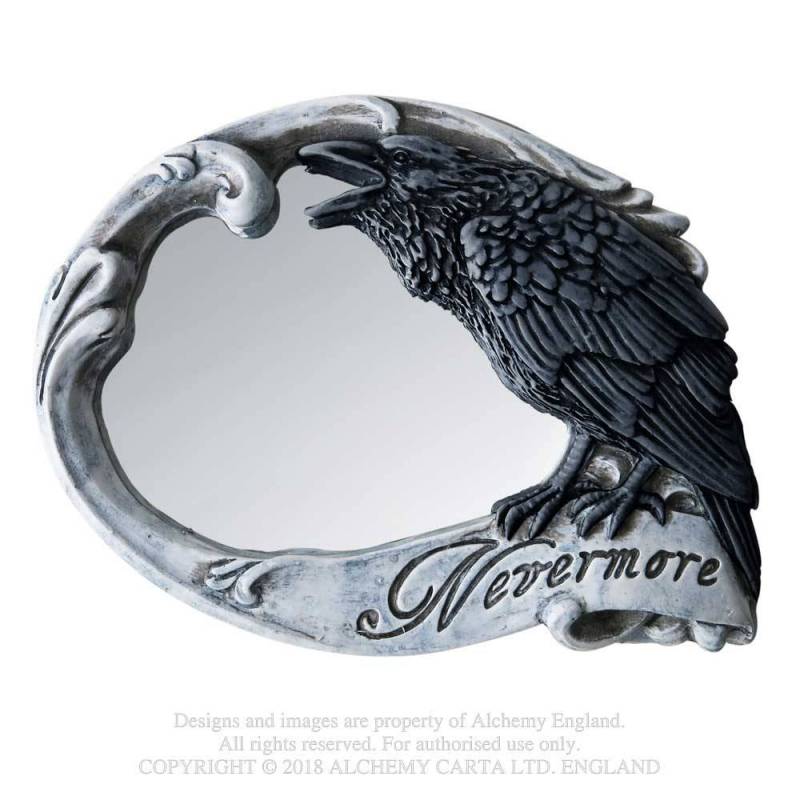 Kleiner Handspiegel Nevermore Mirror in Form eines Totenkopfes mit Rabendetail von Alchemy England